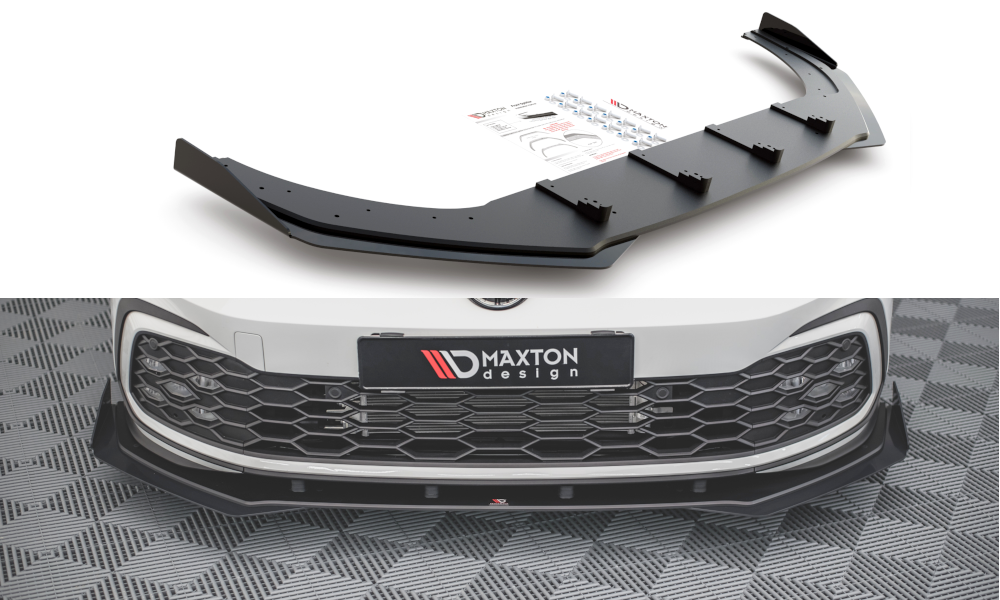 Maxton Robuste Racing Front Ansatz für passend +Flaps für Volkswagen Golf GTI / GTE / R-Line Mk8 schwarz Hochglanz