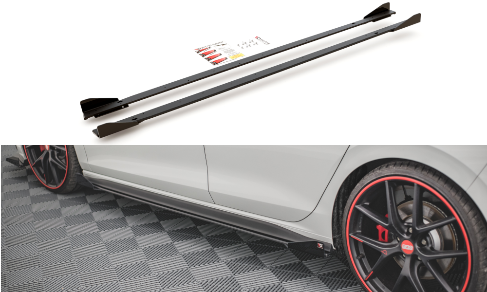 Maxton Robuste Racing Seitenschweller Ansatz für für + Flaps Volkswagen Golf GTI / GTE / GTI Clubsport / R-Line Mk8 schwar...