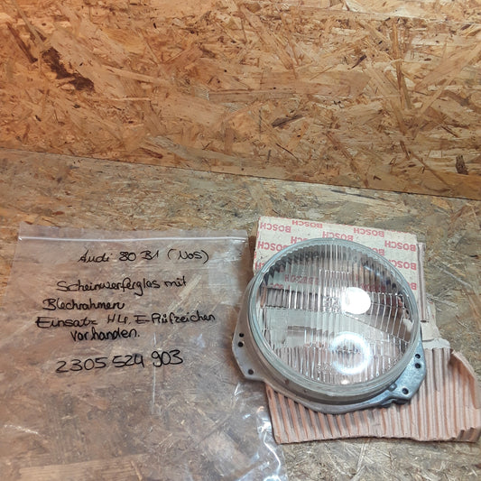 Audi 80 B1 (NOS) Scheinwrferglas mit Blechrahmen und Dichtung Einsatz H4 E-Prüfzeichen vorhanden original Bosch NEU