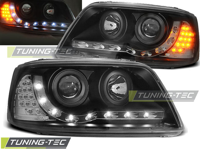 Tuning-Tec LED Tagfahrlicht Scheinwerfer für VW T5 03-09 schwarz mit LED Blinker