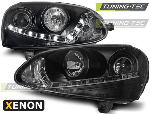 Tuning-Tec Xenon LED Tagfahrlicht Scheinwerfer für VW Golf 5 03-09 schwarz