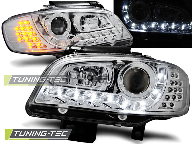 Tuning-Tec LED Tagfahrlicht Scheinwerfer für Seat Ibiza 6K / Cordoba 99-02 chrom mit LED Blinker