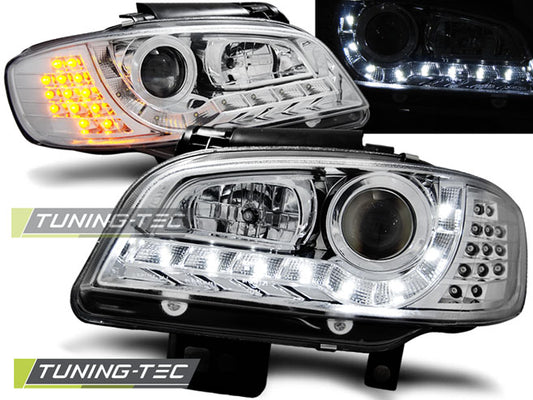 Tuning-Tec LED Tagfahrlicht Scheinwerfer für Seat Ibiza 6K / Cordoba 99-02 chrom mit LED Blinker