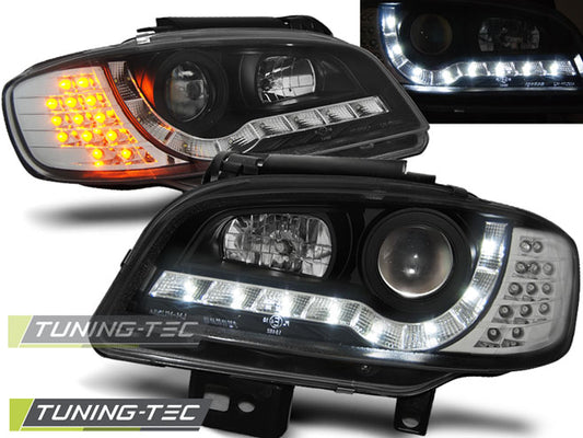 Tuning-Tec LED Tagfahrlicht Scheinwerfer Seat Ibiza 6K / Cordoba 99-02 schwarz mit LED Blinker