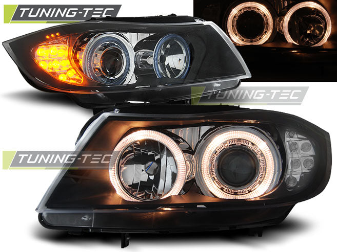 Tuning-Tec Angel Eyes Scheinwerfer für BMW 3er E90/E91 05-08 schwarz mit LED Blinker