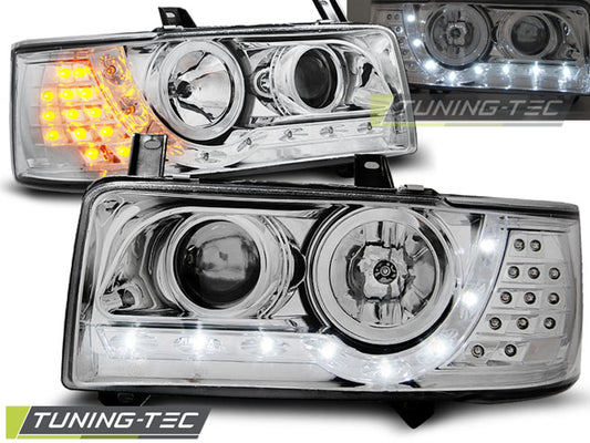 Tuning-Tec LED Tagfahrlicht Scheinwerfer für VW T4 90-03 (kurzer Vorderwagen) chrom mit LED Blinker