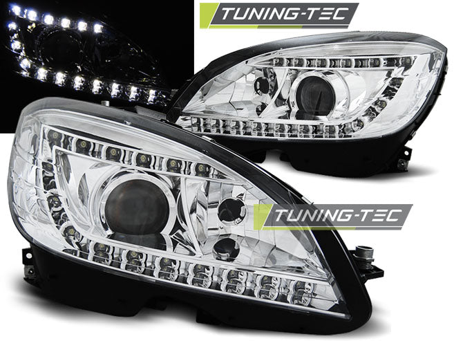 Tuning-Tec Xenon LED Tagfahrlicht Scheinwerfer für Mercedes Benz C-Klasse W204 07-10 chrom