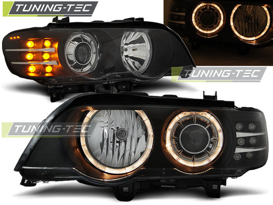Tuning-Tec Angel Eyes Scheinwerfer für BMW X5 E53 99-03 schwarz mit LED Blinker