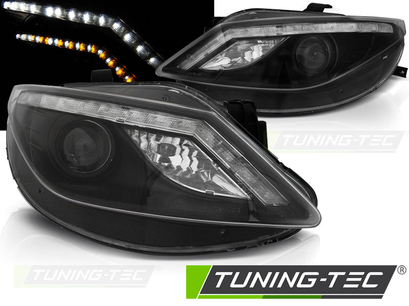 Tuning-Tec LED Tagfahrlicht Scheinwerfer für Seat Ibiza 6J 08-12 schwarz mit LED Blinker