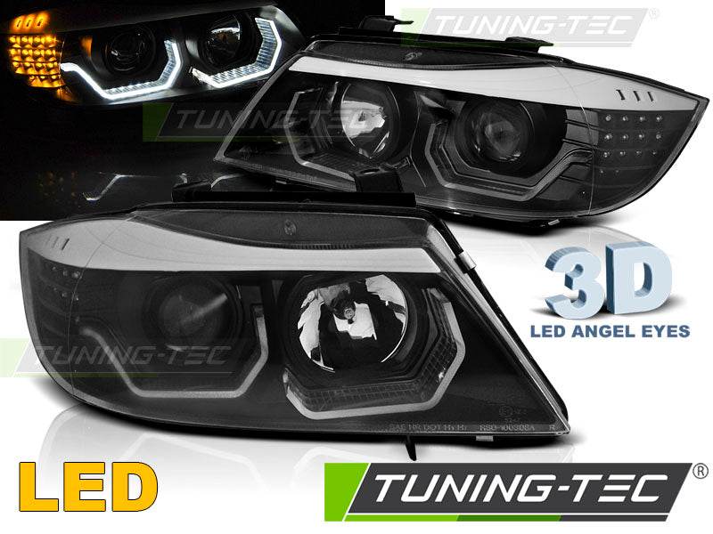 Tuning-Tec 3D LED Angel Eyes Scheinwerfer für BMW 3er E90/E91 05-08 schwarz mit LED Blinker