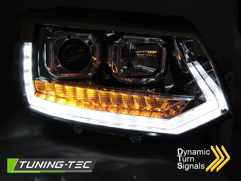 Tuning-Tec LED Tagfahrlicht Scheinwerfer für VW T5 GP (Facelift) 10-15 chrom mit dynamischem LED Blinker