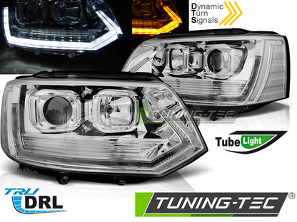 Tuning-Tec LED Tagfahrlicht Scheinwerfer für VW T5 GP (Facelift) 10-15 chrom im T6 Look mit dynamischem LED Blinker