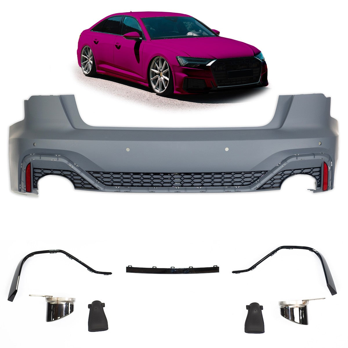 Heckstoßstange mit Diffusor & Auspuffendrohren passend für Audi A6 C8 4A Limousine 2018-2024