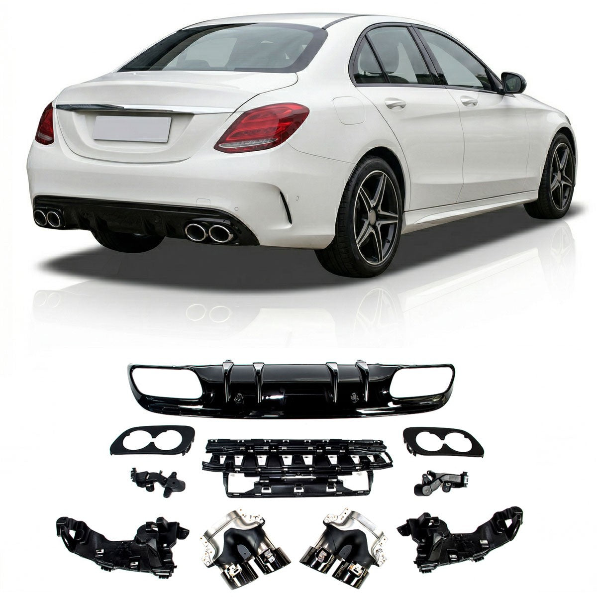 Heckstoßstange Diffusor mit schwarzen Endrohren passend für Mercedes C-Klasse W205 2015-2021