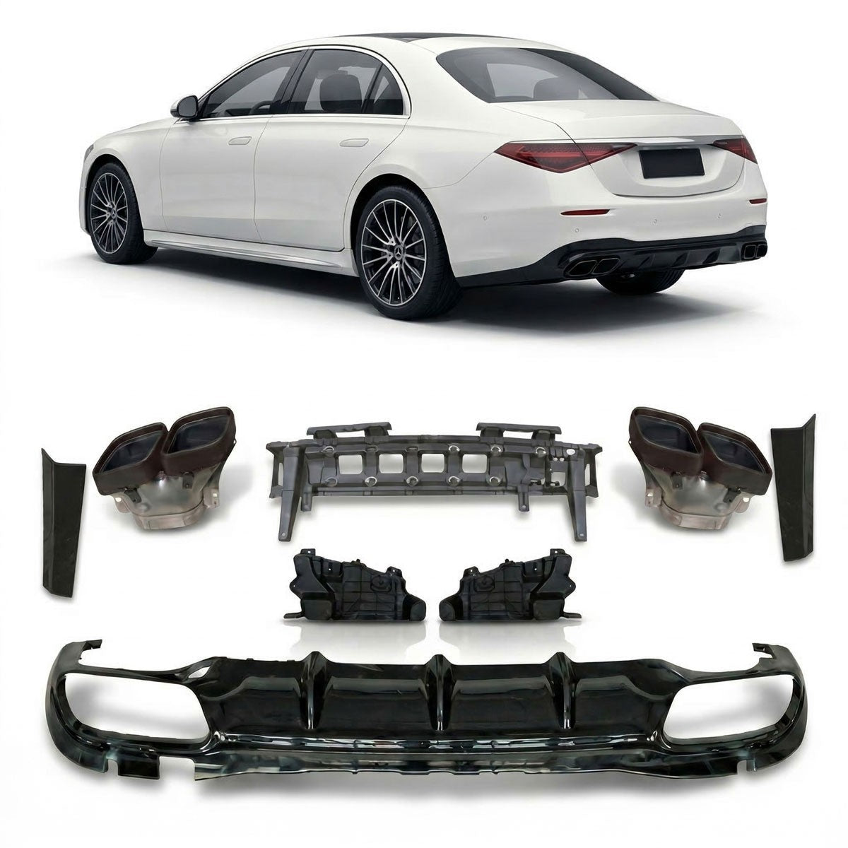 Heckdiffusor Hochglanz Schwarz mit schwarzen Endrohren passend für Mercedes S-Klasse W223 2021+