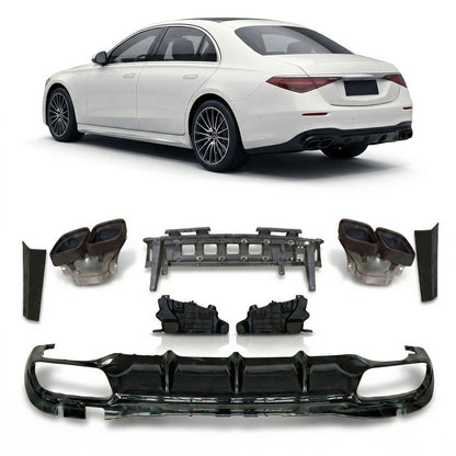 Heckdiffusor Hochglanz Schwarz mit schwarzen Endrohren passend für Mercedes S-Klasse W223 2021+