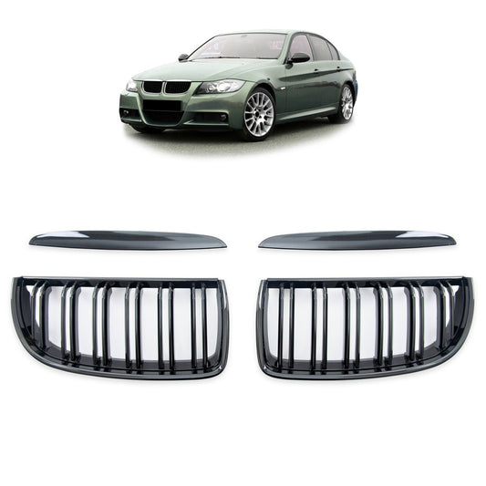 Frontgrill Hochglanz Schwarz Doppel-Linie passend für BMW 3er E90 E91 2005-2008