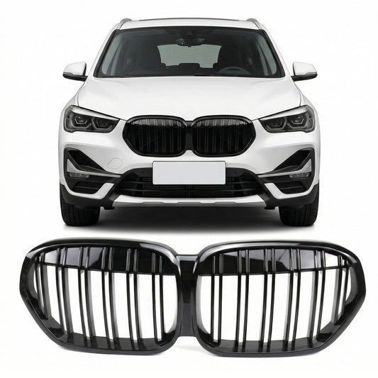 Passend für BMW X1 F48 LCI 2019-2022 Hochglanz Schwarz Doppel-Linie Kühlergrill