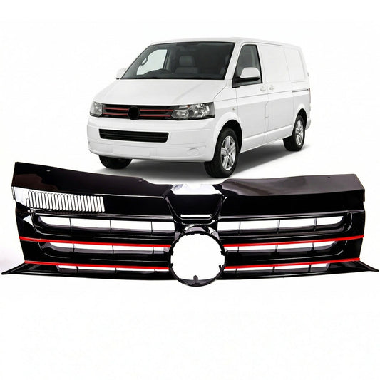 Frontgrill Hochglanz Schwarz mit roten Streifen passend für VW Transporter T5.1 2009-2015