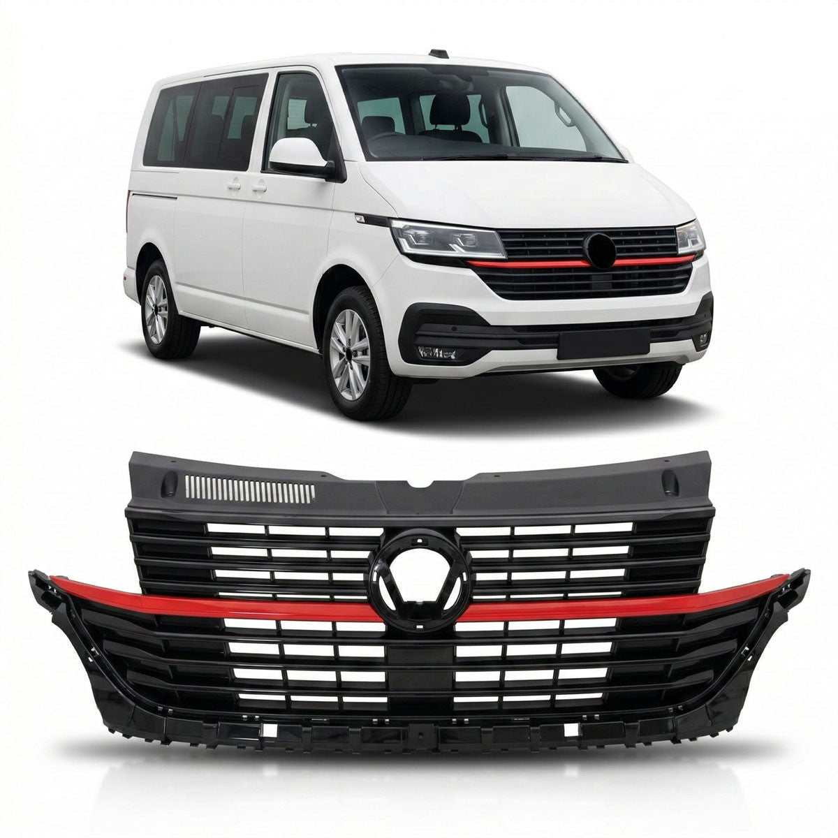 Kühlergrill Hochglanz Schwarz mit roten Akzenten passend für VW Transporter T6.1 2019-2024