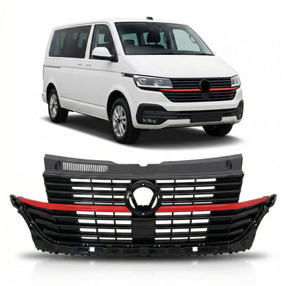 Kühlergrill Hochglanz Schwarz mit roten Akzenten passend für VW Transporter T6.1 2019-2024
