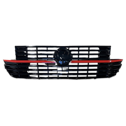 Kühlergrill Hochglanz Schwarz mit roten Akzenten passend für VW Transporter T6.1 2019-2024