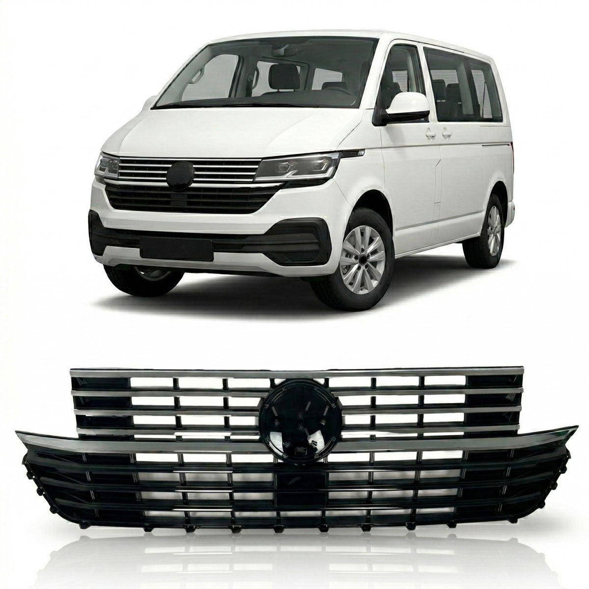 Kühlergrill Hochglanz Schwarz mit 5 Chromleisten passend für VW T6.1 2019-2024