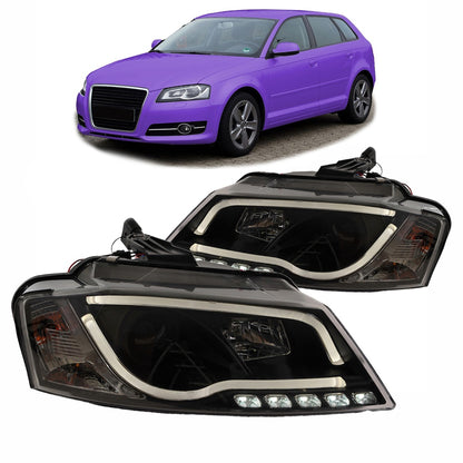 Scheinwerfer Halogen Schwarz mit Tagfahrlicht passend für AUDI A3 (8P) Sportback Schrägheck Facelift 2008-2012