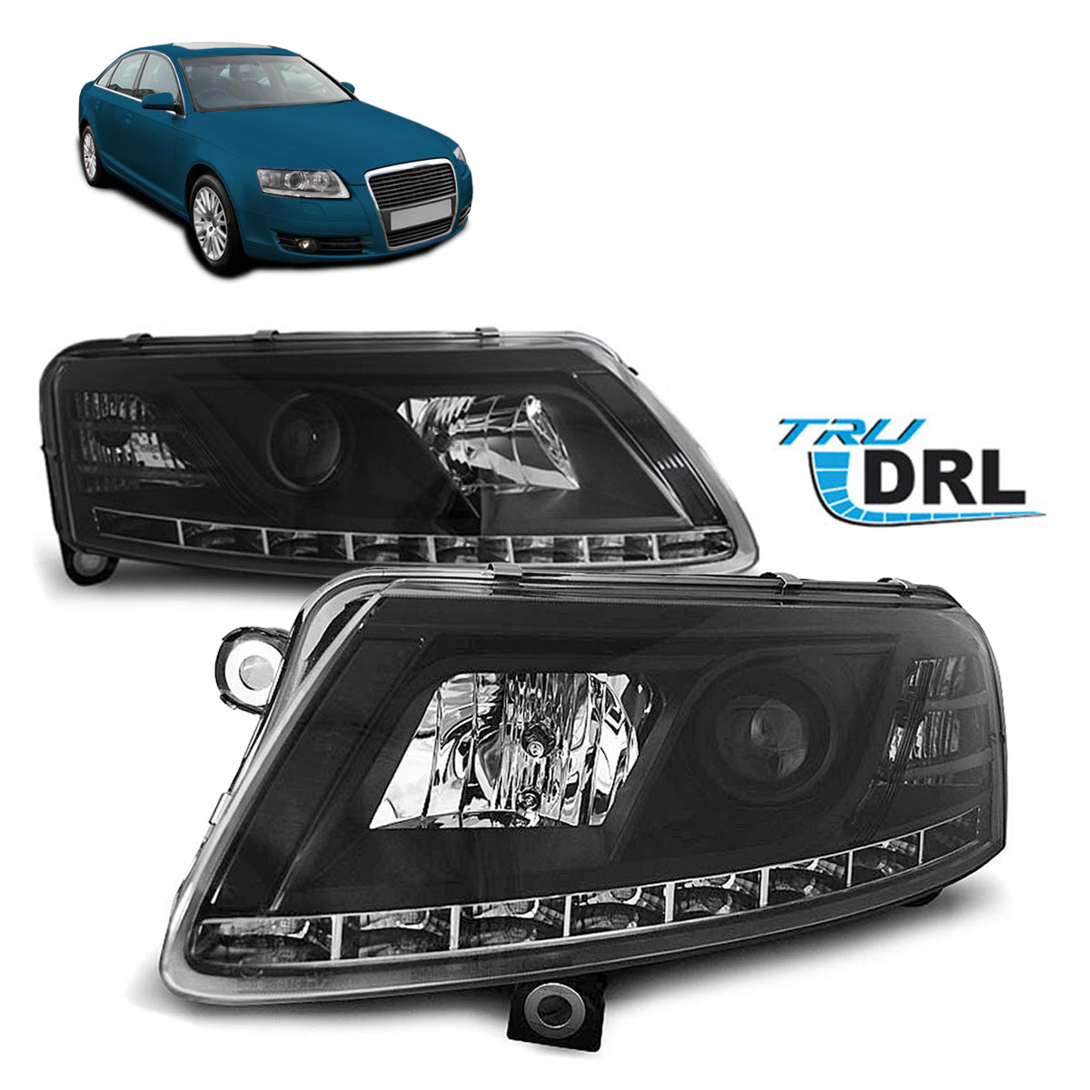 Scheinwerfer True DRL Schwarz passend für Audi A6 C6 04.04-08