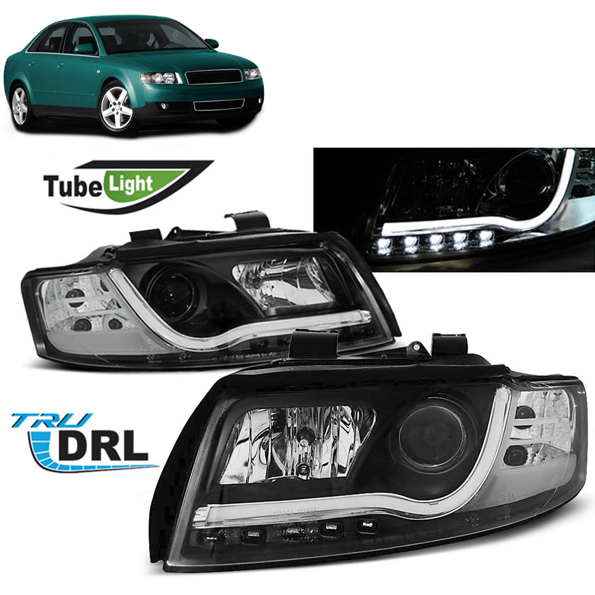Scheinwerfer Tube Light DRL Schwarz passend für Audi A4 10.00-10.04