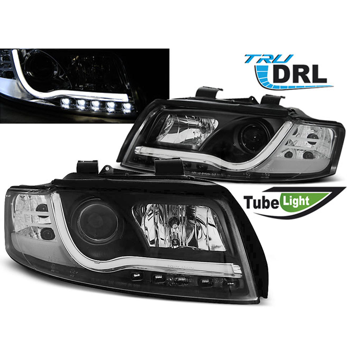 Scheinwerfer Tube Light DRL Schwarz passend für Audi A4 10.00-10.04