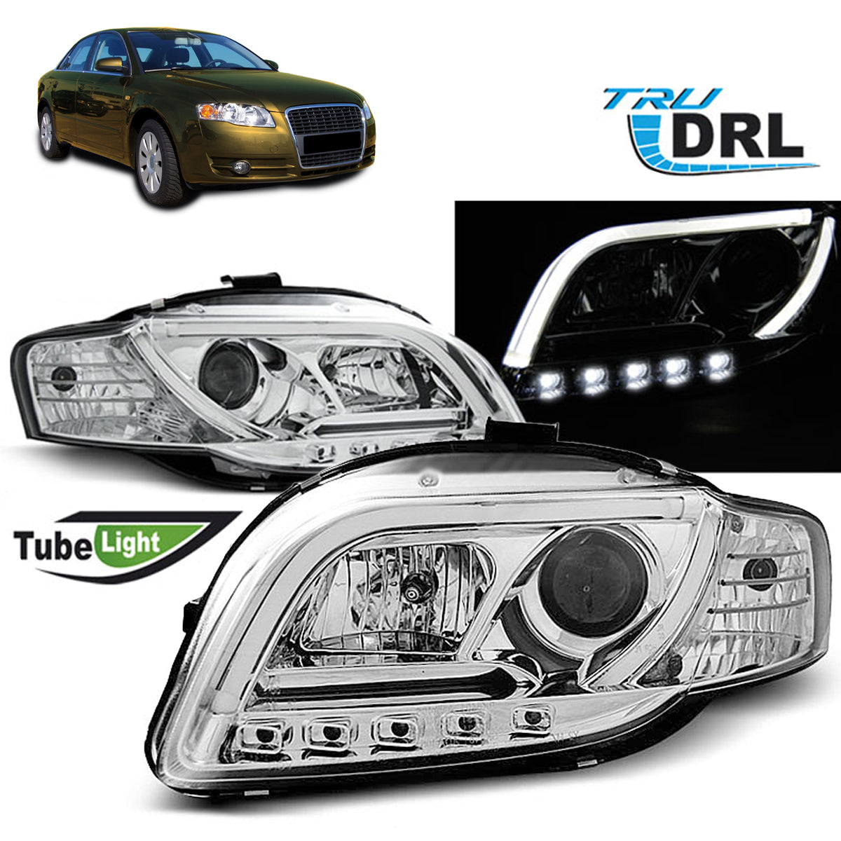 Scheinwerfer Tube Light DRL Chrom passend für Audi A4 B7 11.04-03.08