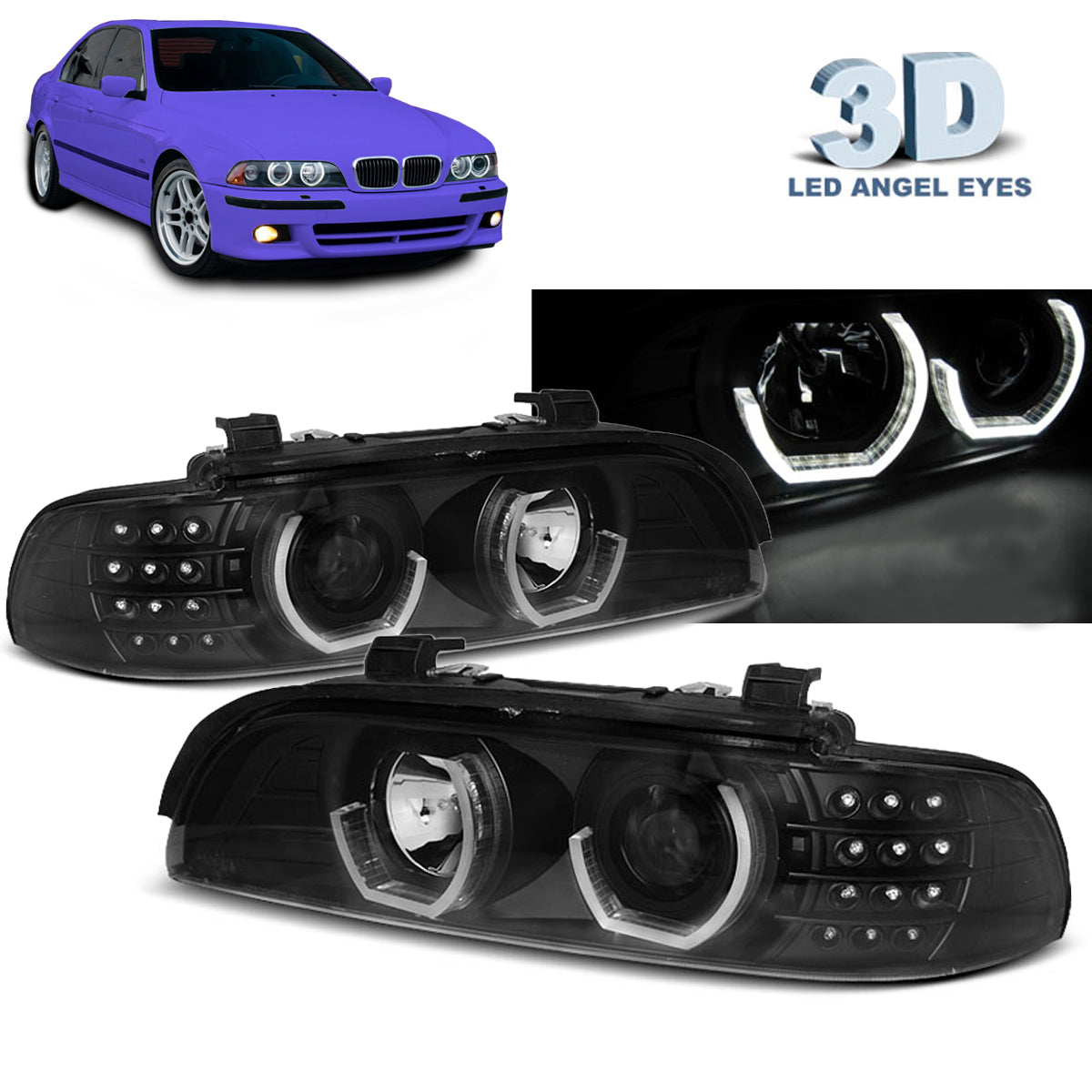 Scheinwerfer Angel Eyes 3D Schwarz passend für BMW E39 09.95-06.03