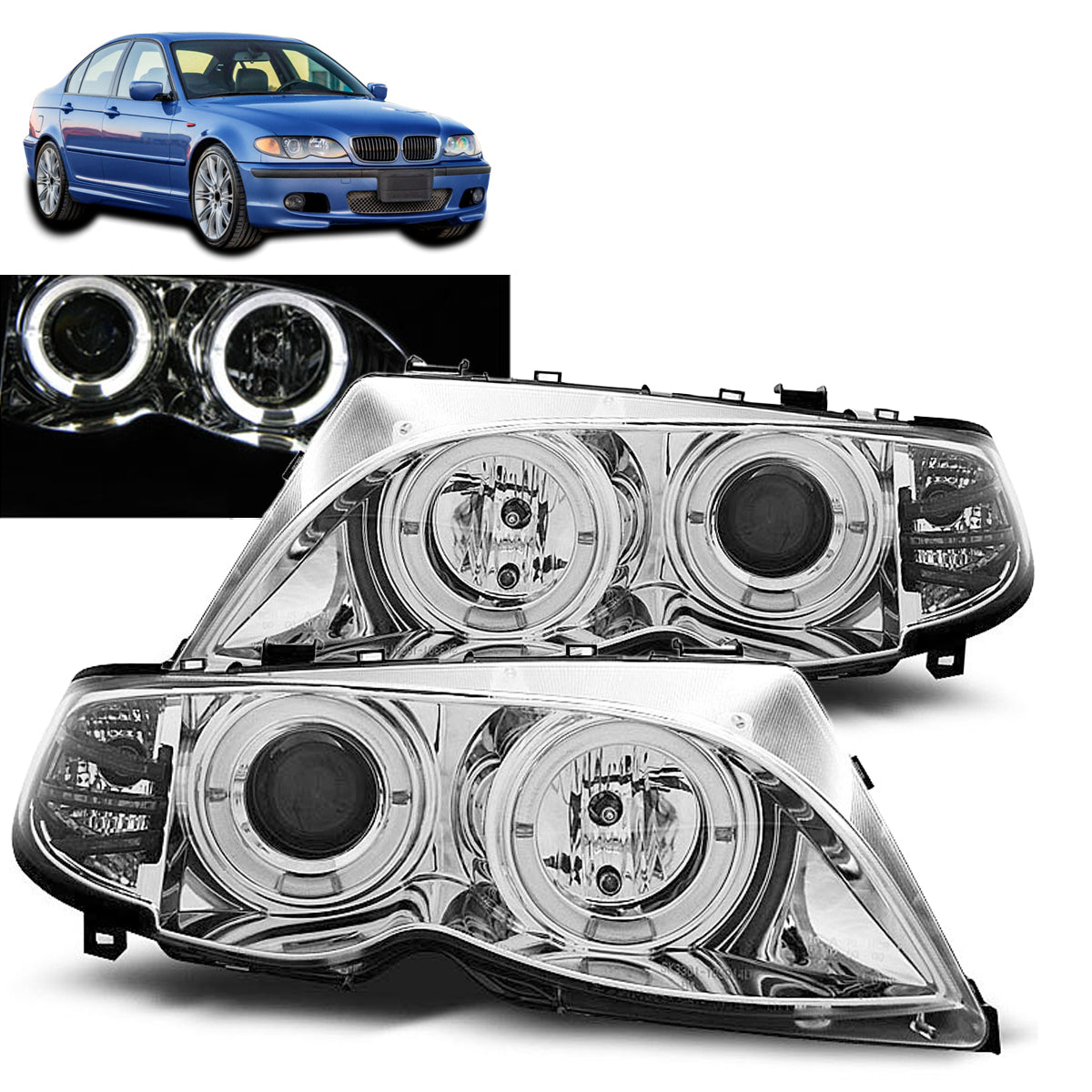 Scheinwerfer Angel Eyes Chrom passend für BMW E46 09.01-03.05