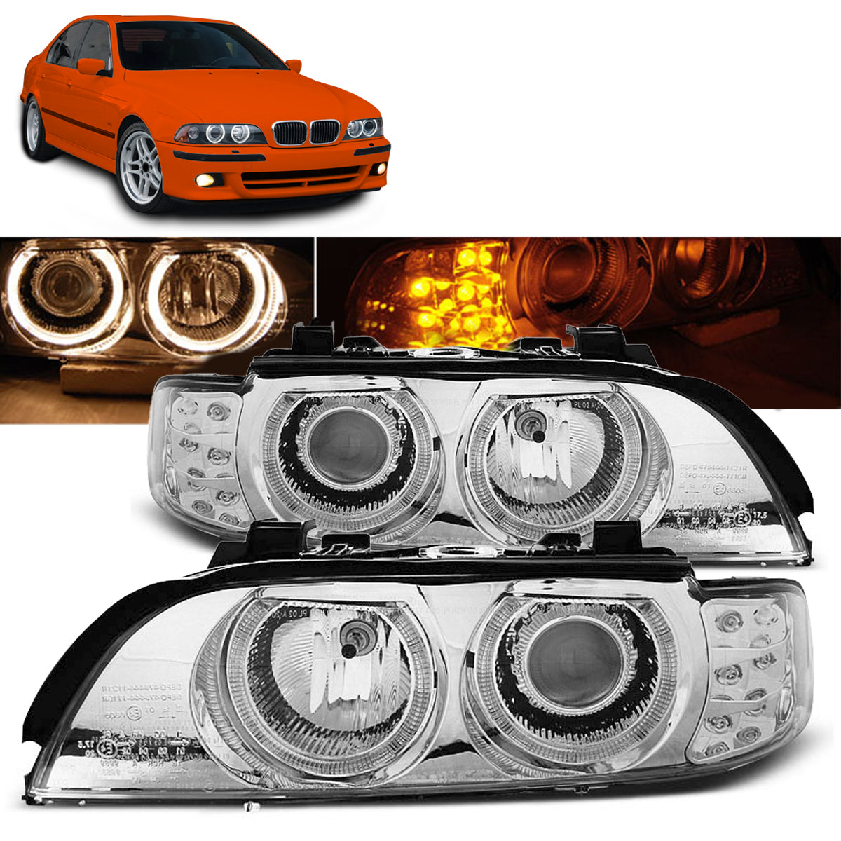 Scheinwerfer Angel Eyes Chrom mit LED Blinker passend für BMW E39 09.95-06.03