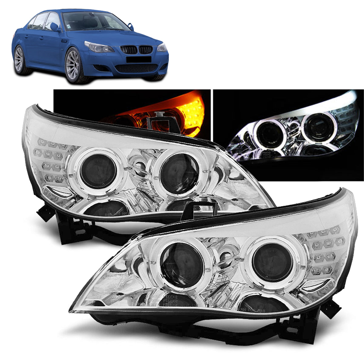 Scheinwerfer Angel Eyes Chrom passend für LED Blinker BMW E60/E61 03-07