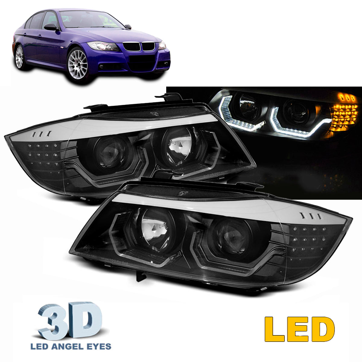 Scheinwerfer Angel Eyes LED 3D Schwarz passend für BMW E90/E91 05-08