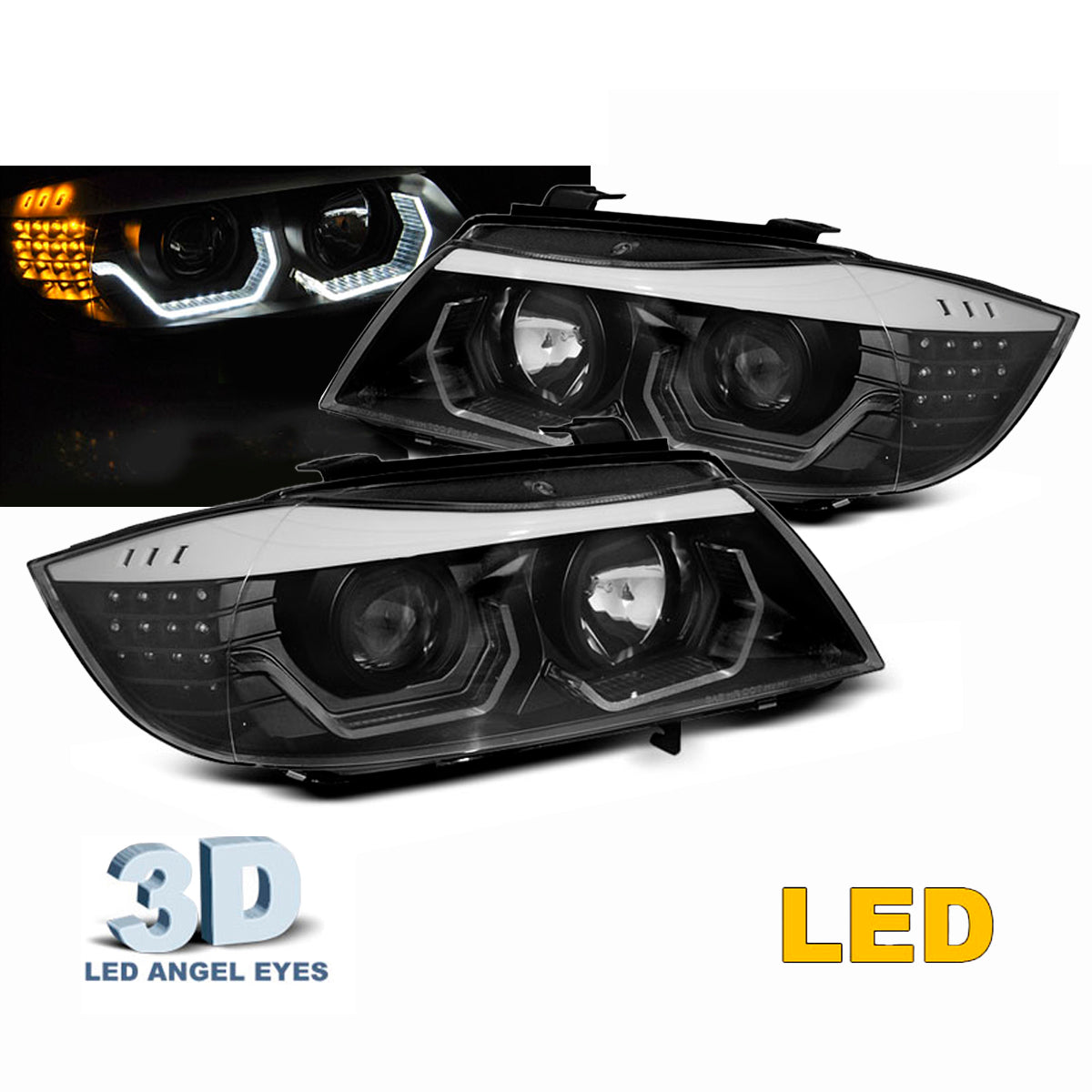 Scheinwerfer Angel Eyes LED 3D Schwarz passend für BMW E90/E91 05-08