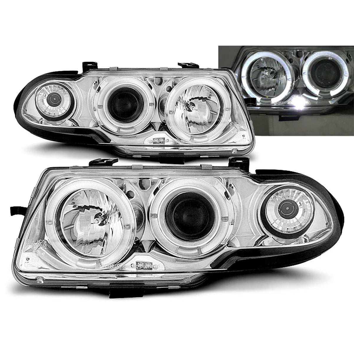 Scheinwerfer passend für Opel Astra F 09.91-08.94 Angel Eyes Chrom