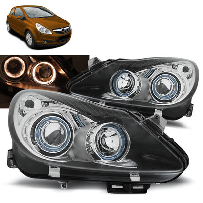 Scheinwerfer passend für Opel Corsa D 04.06-11 Angel Eyes Schwarz