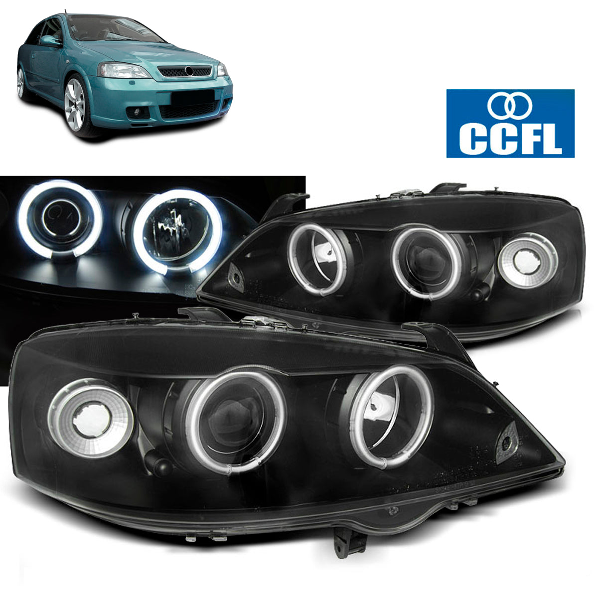 Scheinwerfer passend für Opel Astra G 09.97-02.04 Angel Eyes CCFL Schwarz