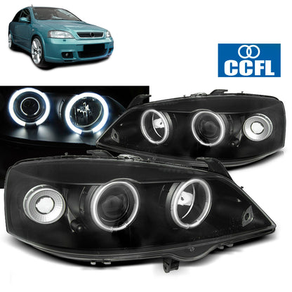 Scheinwerfer passend für Opel Astra G 09.97-02.04 Angel Eyes CCFL Schwarz
