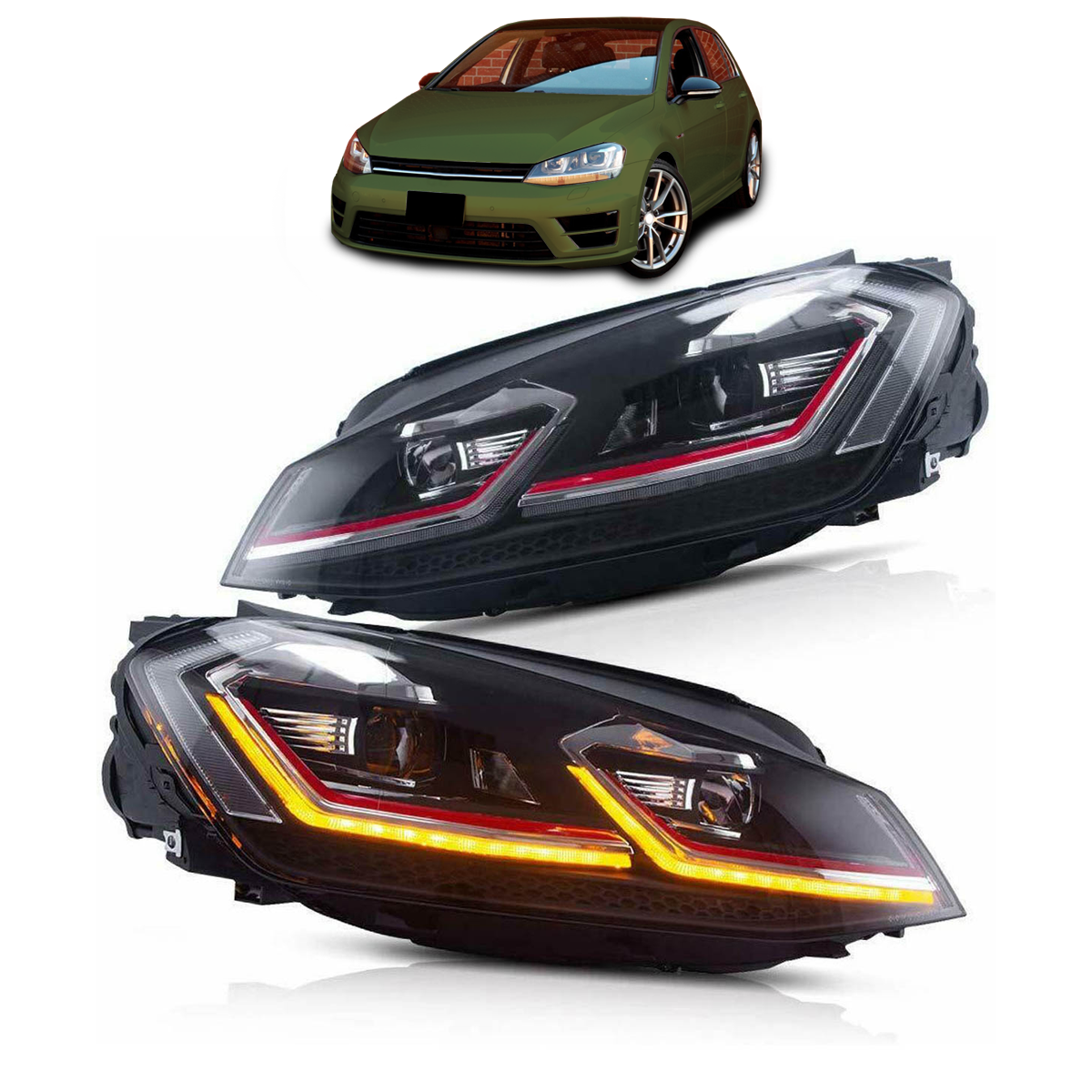 Halogen Scheinwerfer mit rotem Akzent passend für VW Golf 7 2012-2017
