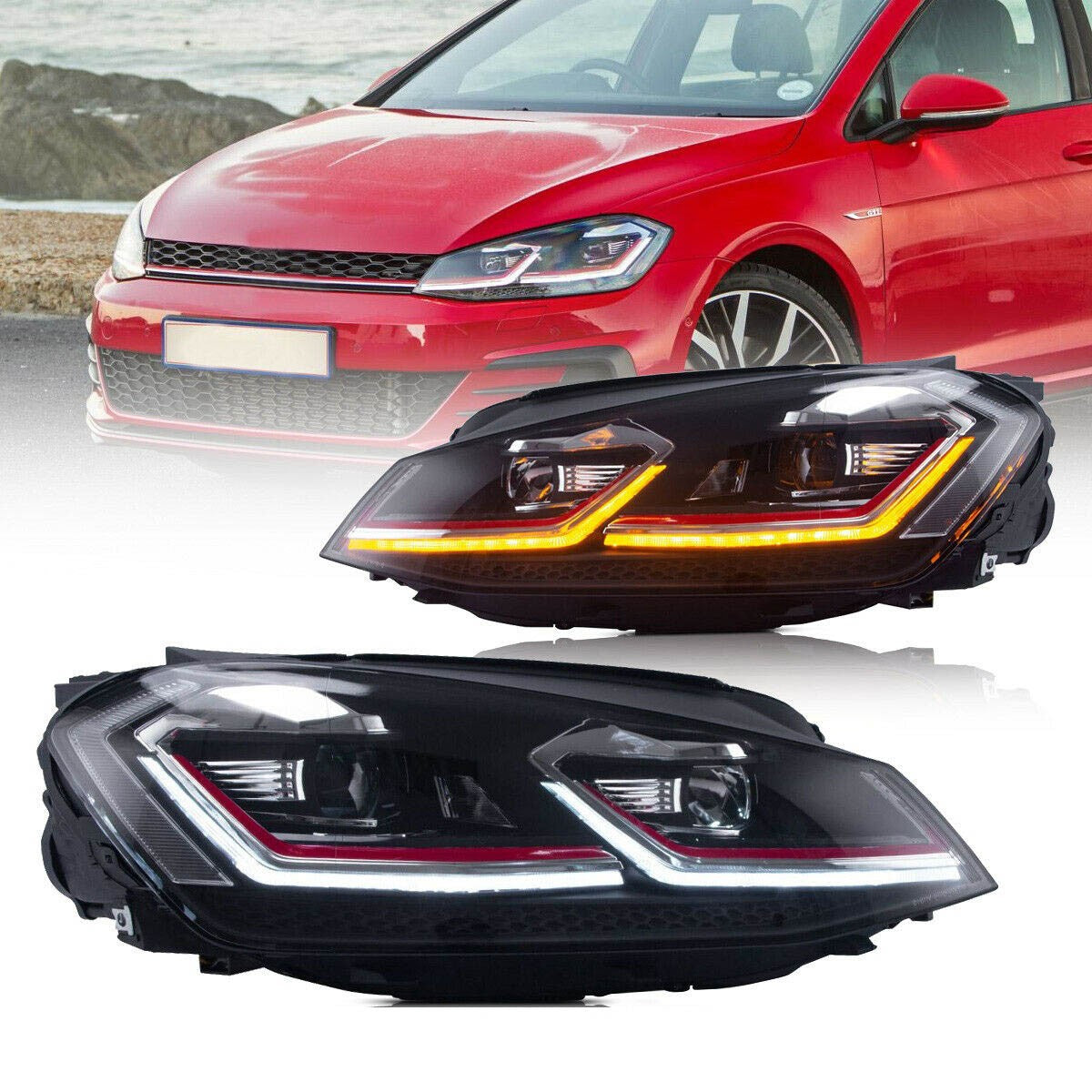 Halogen Scheinwerfer mit rotem Akzent passend für VW Golf 7 2012-2017