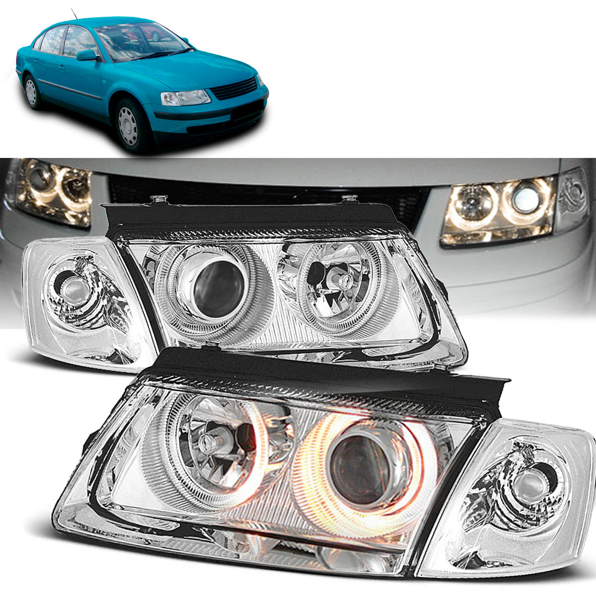 Scheinwerfer Angel Eyes Chrom passend für VW Passat B5 3B 11.96-08.00