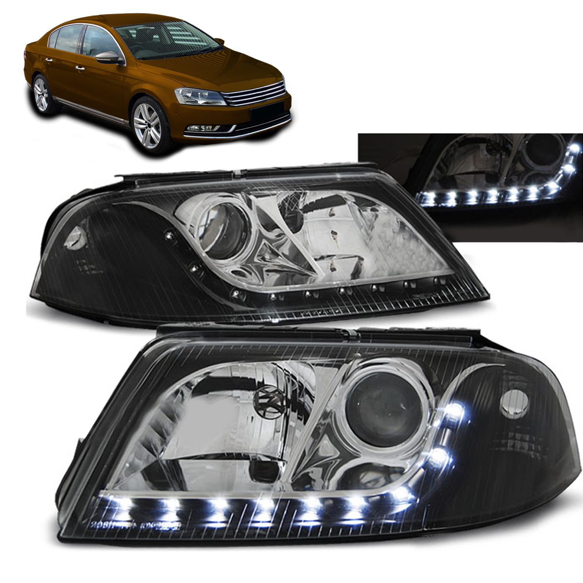 Scheinwerfer Daylight Schwarz passend für VW Passat 3BG B5 FL 09.00-03.05