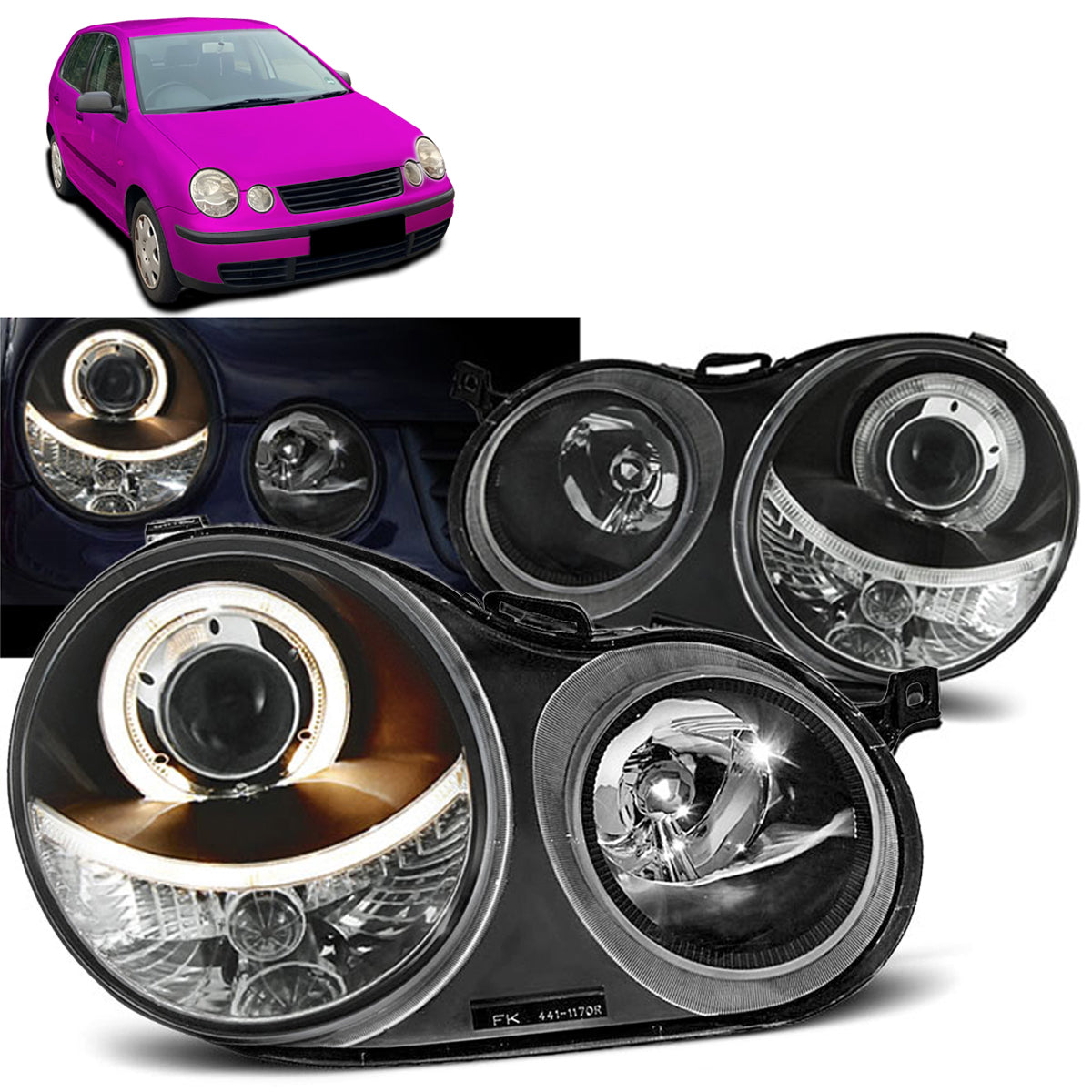 Scheinwerfer Angel Eyes Schwarz passend für VW Polo 9N 11.01-04.05