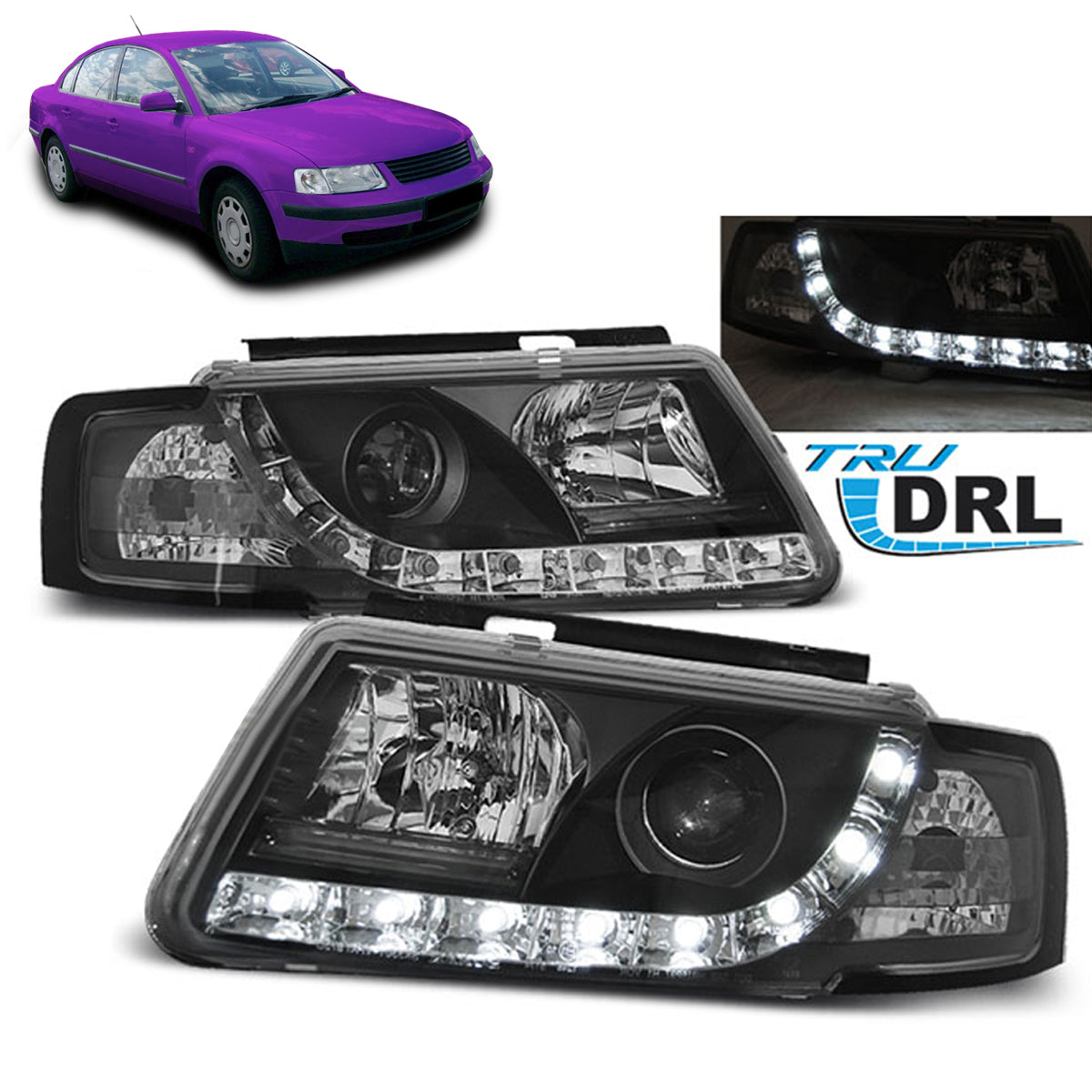 Scheinwerfer True DRL Schwarz passend für VW Passat B5 3B 11.96-08.00