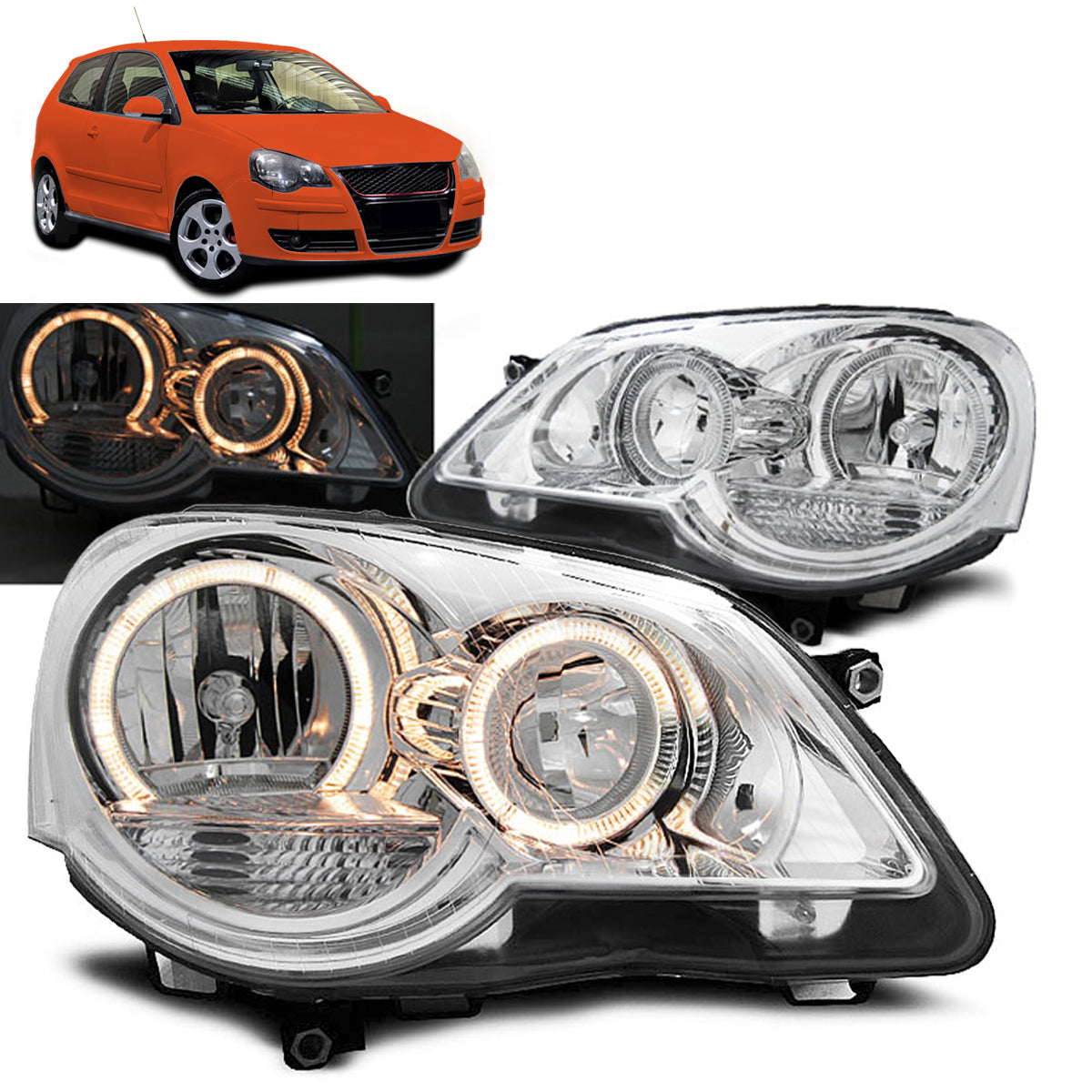 Scheinwerfer Angel Eyes Chrom passend für VW Polo 9N3 04.05-09