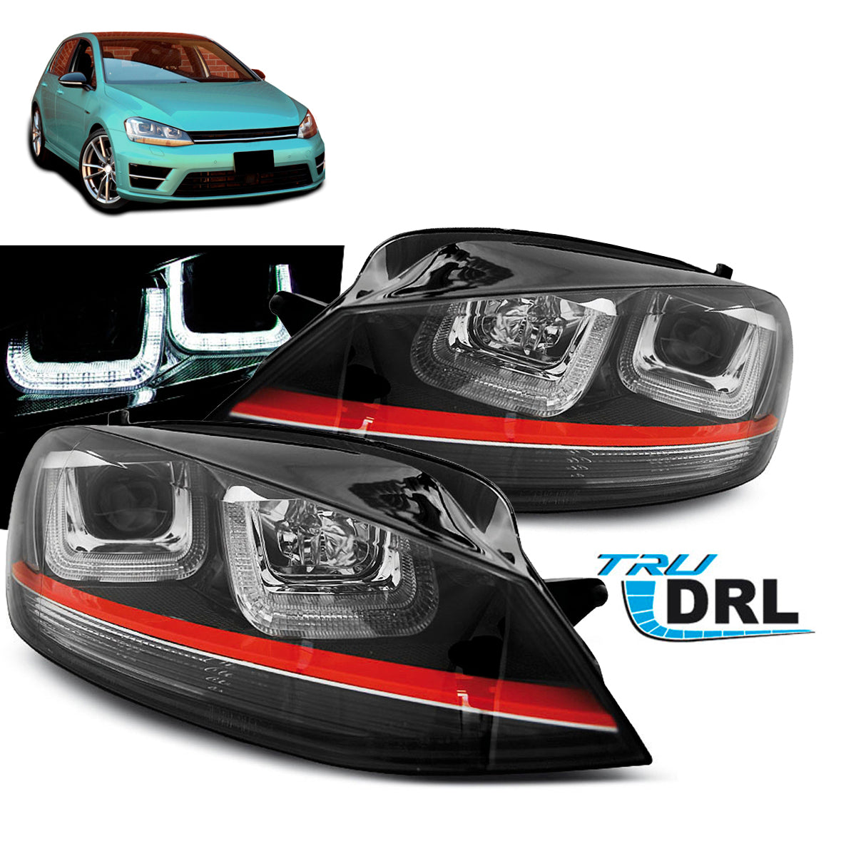 Scheinwerfer U-LED Licht Schwarz mit roter Linie Sport passend für VW Golf 7 12-17